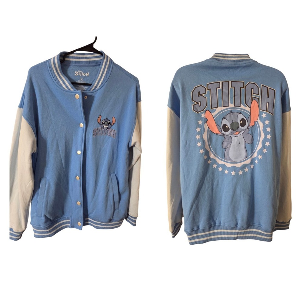Disney Stitch Varsity Bomber Jacket Juniors M NWOT Blue Fleece Lined
